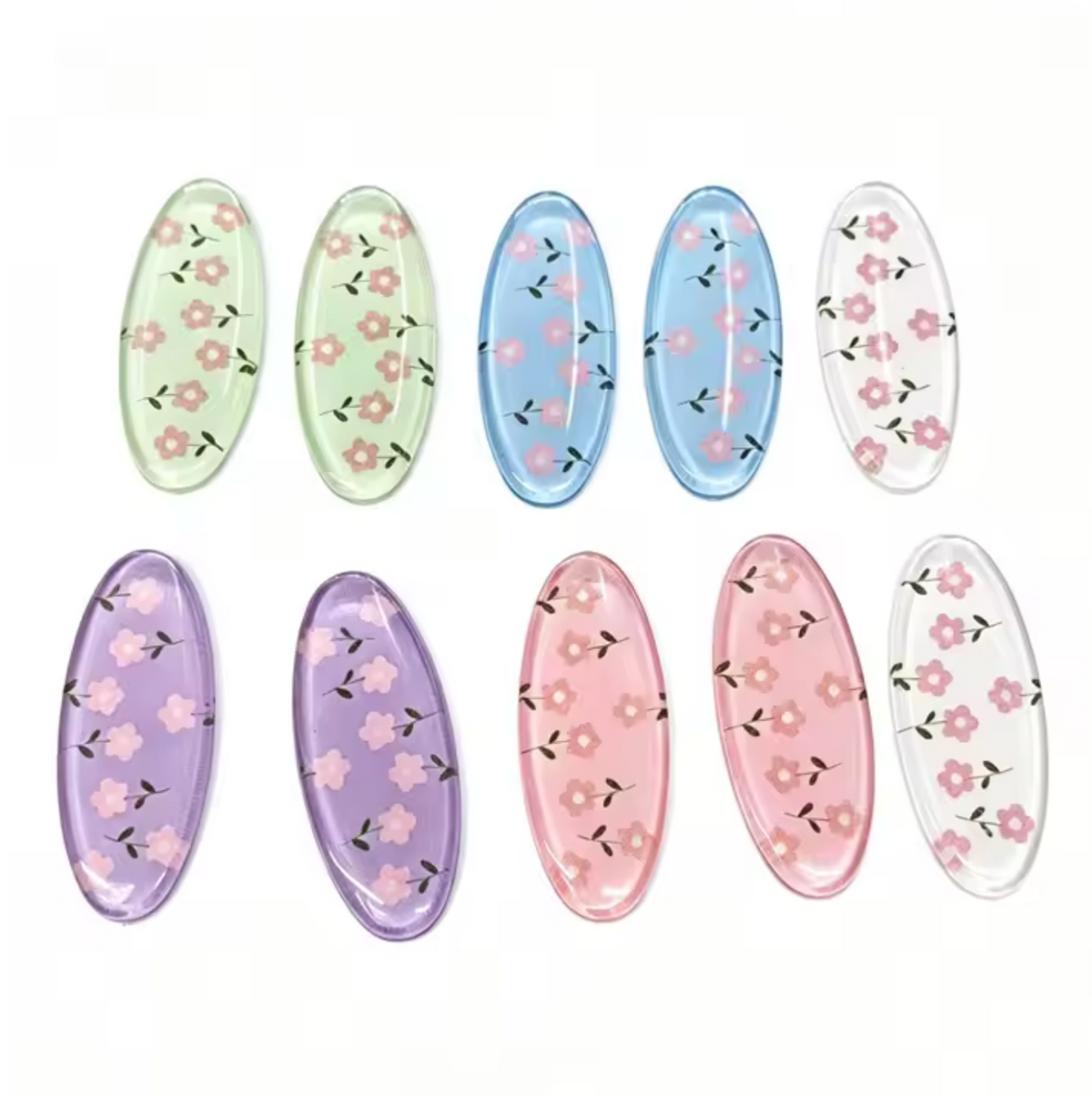 40*18mm (Colour) Long Oval With Floral Pattern, Glue On, Resin Gem (Sold in Pair) Resin Gems