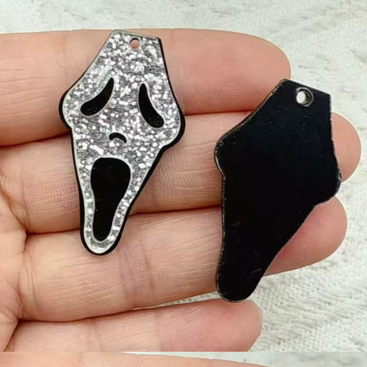 23*40mm Ghost Face Silver Glitter & Black, Glue on, Resin Gem (Sold In Pair) Resin Gems