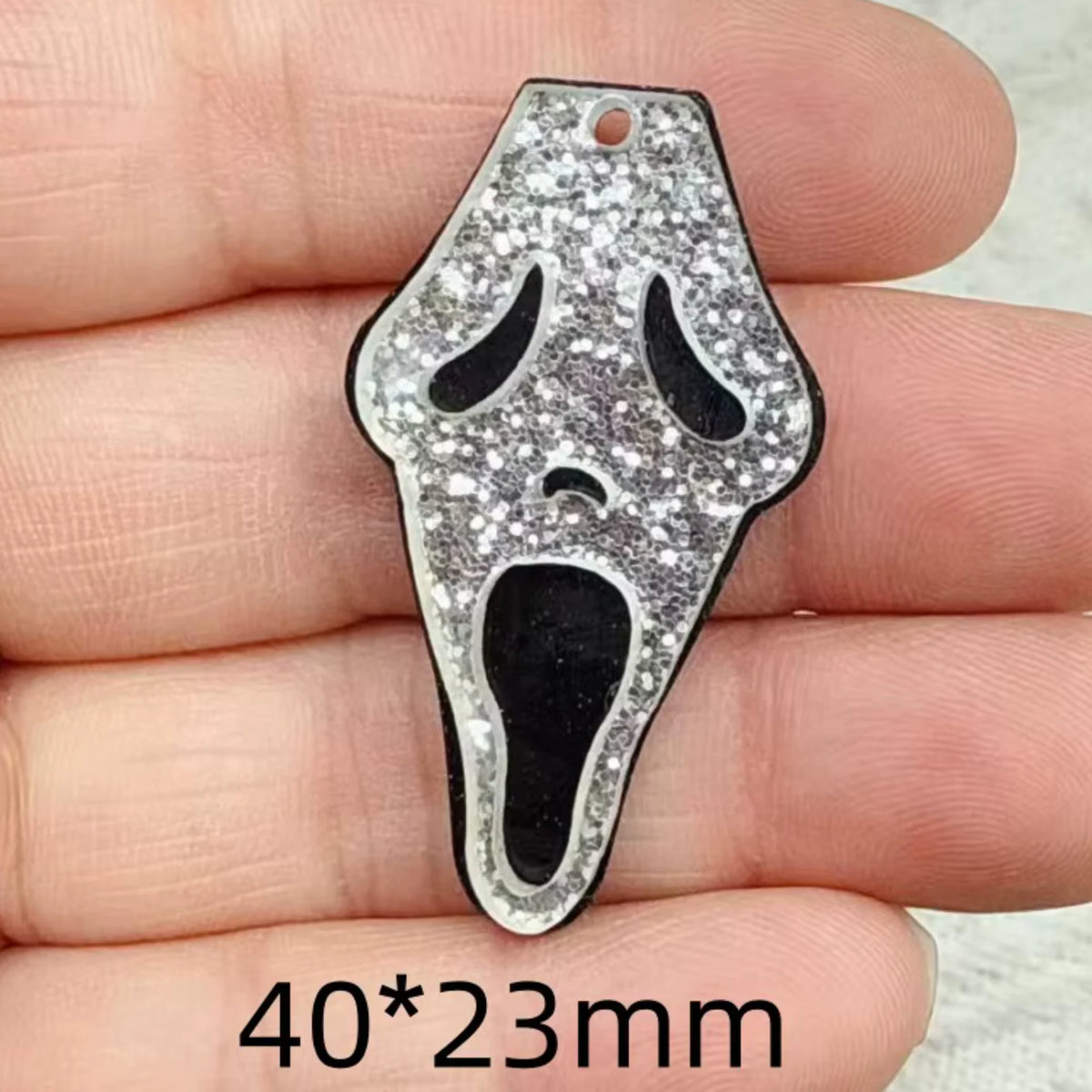 23*40mm Ghost Face Silver Glitter & Black, Glue on, Resin Gem (Sold In Pair) Resin Gems