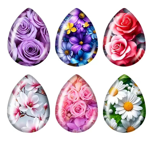 18*25mm Roses, Daisies & Blossoms Teardrop Photo Glass Cabochons, 5 Pairs (10 Pieces) Resin Gems
