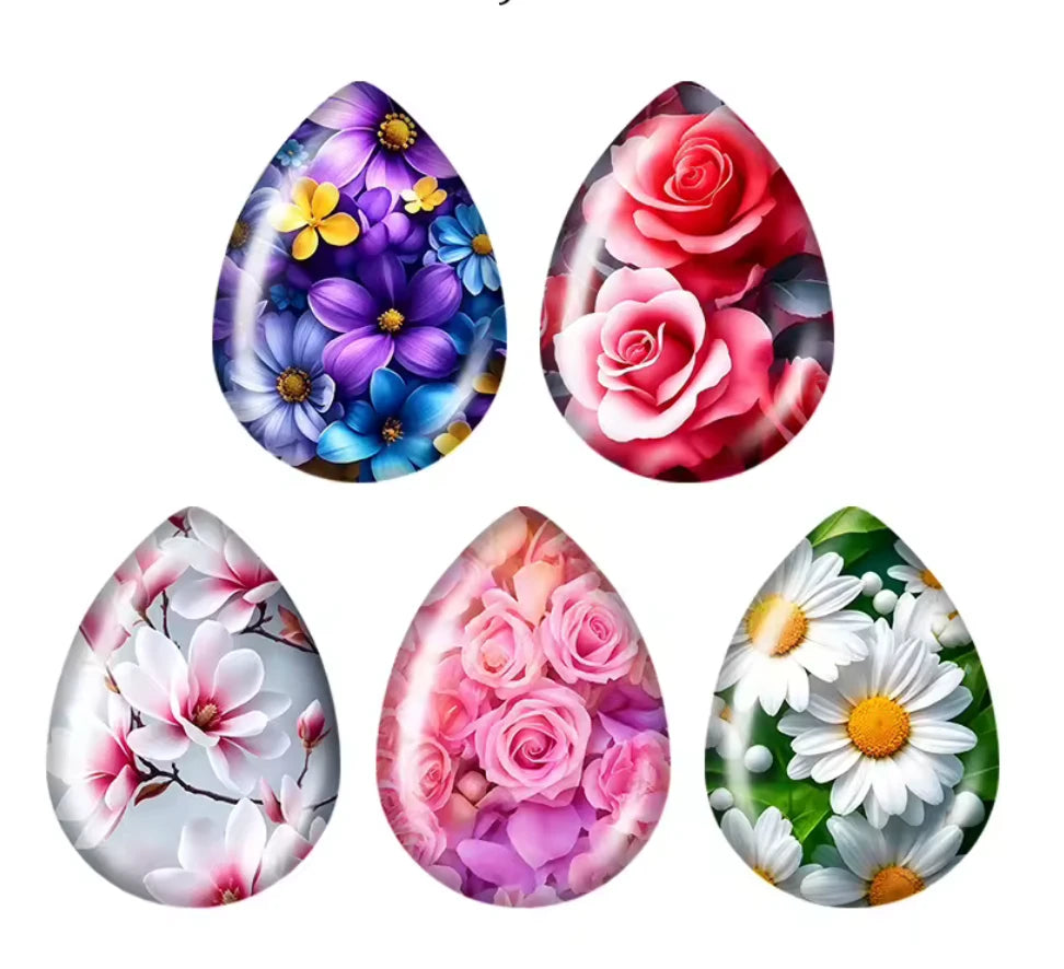 18*25mm Roses, Daisies & Blossoms Teardrop Glass Cabochons, 5 Pairs (10 Pieces) Resin Gems