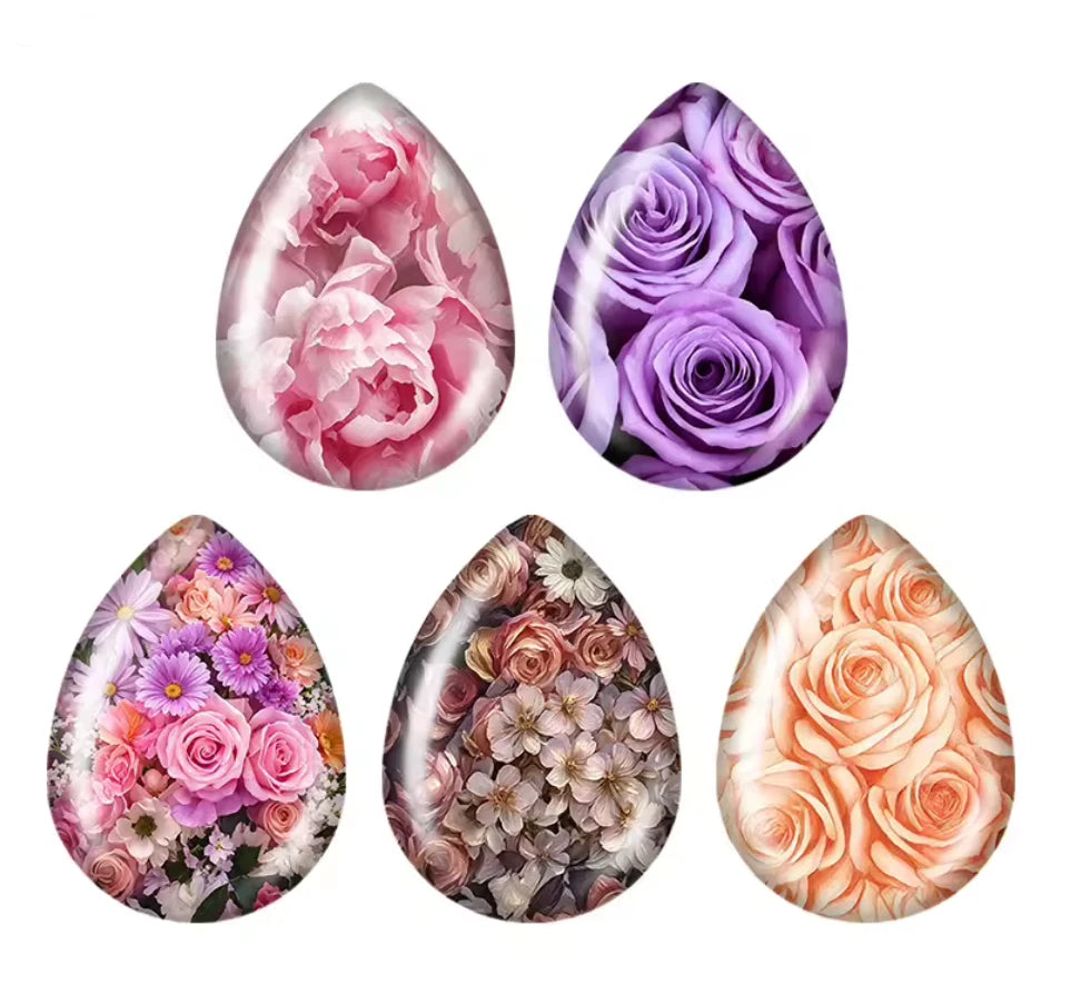 18*25mm Pink, Purple & Peach Rose Bouquet Teardrop Photo Glass Cabochons, 5 Pairs (10 Pieces) Resin Gems