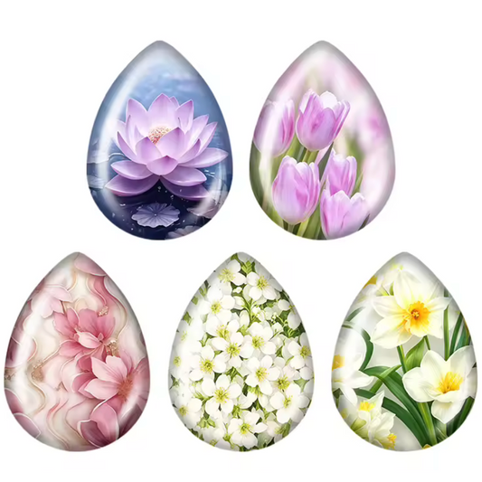 18*25mm Lotus, Tulip & Blossom Floral Teardrop Photo Glass Cabochons, 5 Pairs (10 Pieces) Sundaylace Creations