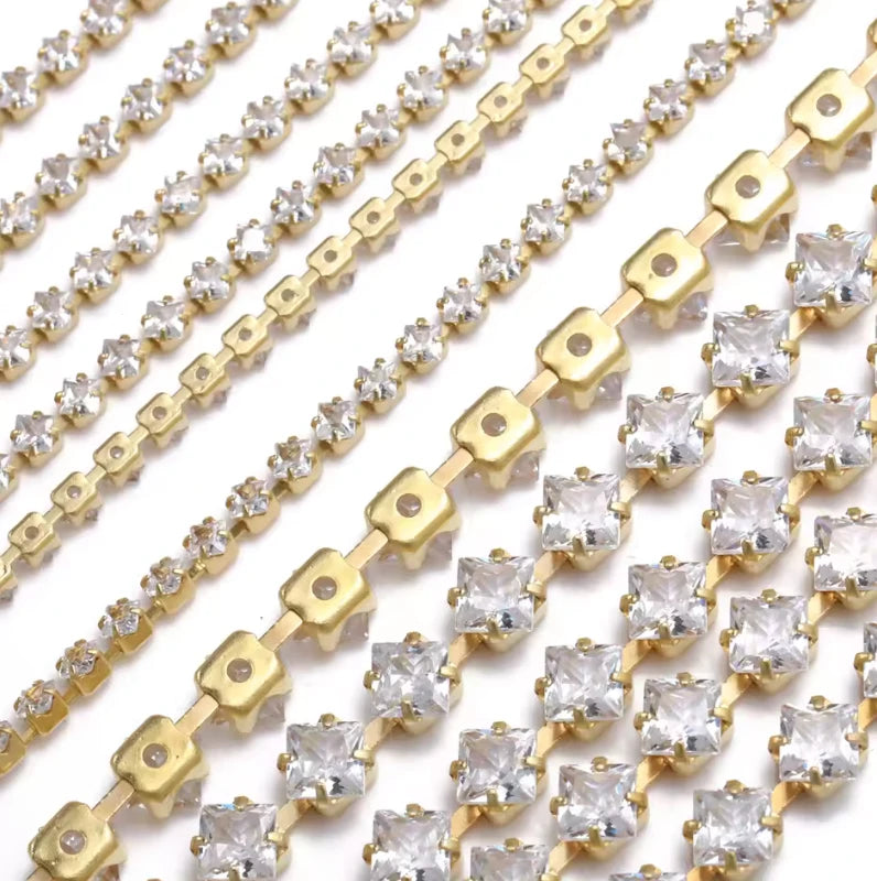 2*2mm CLEAR SQUARE 💠 STONE with Gold Rhinestone Metal Chain, Sold in 36" Metal Rhinestone Chain