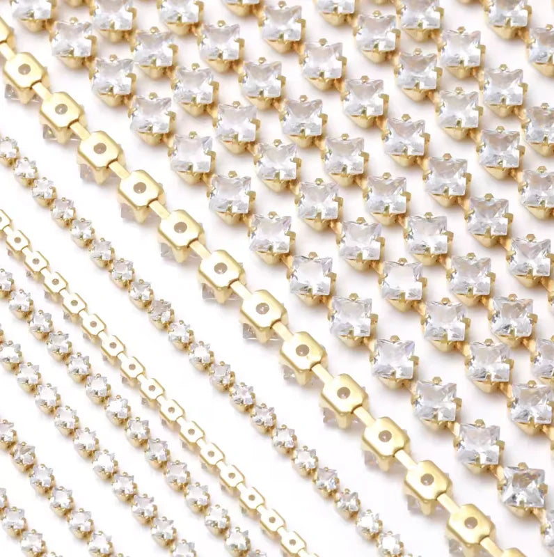 2*2mm CLEAR SQUARE 💠 STONE with Gold Rhinestone Metal Chain, Sold in 36" Metal Rhinestone Chain