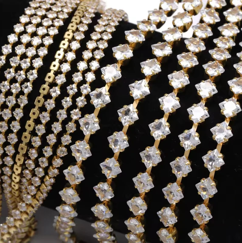 2*2mm CLEAR SQUARE 💠 STONE with Gold Rhinestone Metal Chain, Sold in 36" Metal Rhinestone Chain