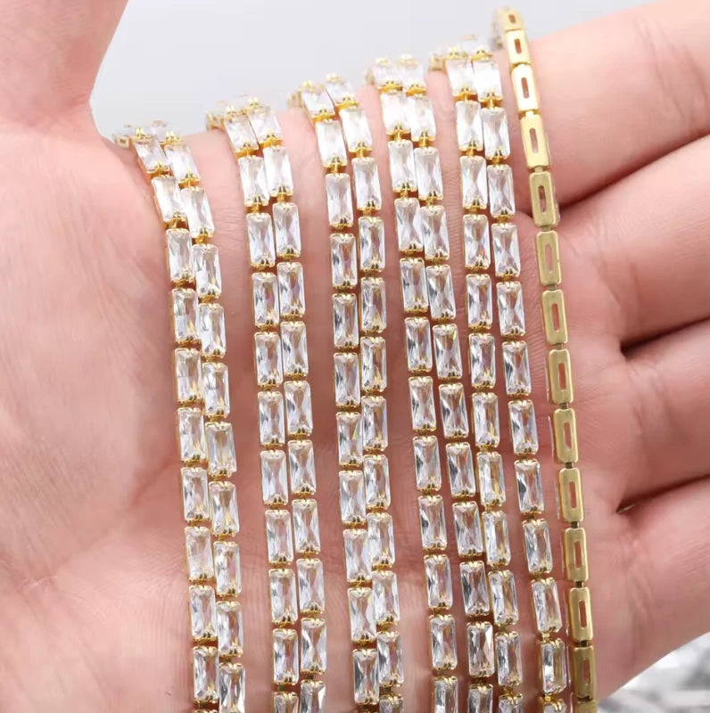 1.5*3mm CLEAR RECTANGLE Horizontal STONE with Gold Rhinestone Metal Chain, Sold in 18" *RARE* Metal Rhinestone Chain