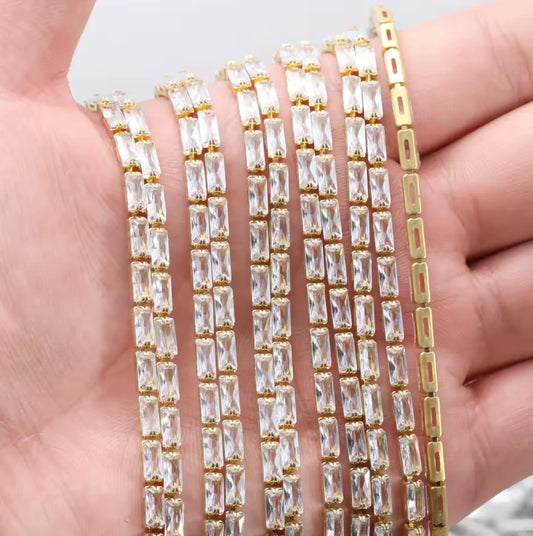 1.5*3mm CLEAR RECTANGLE Horizontal STONE with Gold Rhinestone Metal Chain, Sold in 18" *RARE* Metal Rhinestone Chain