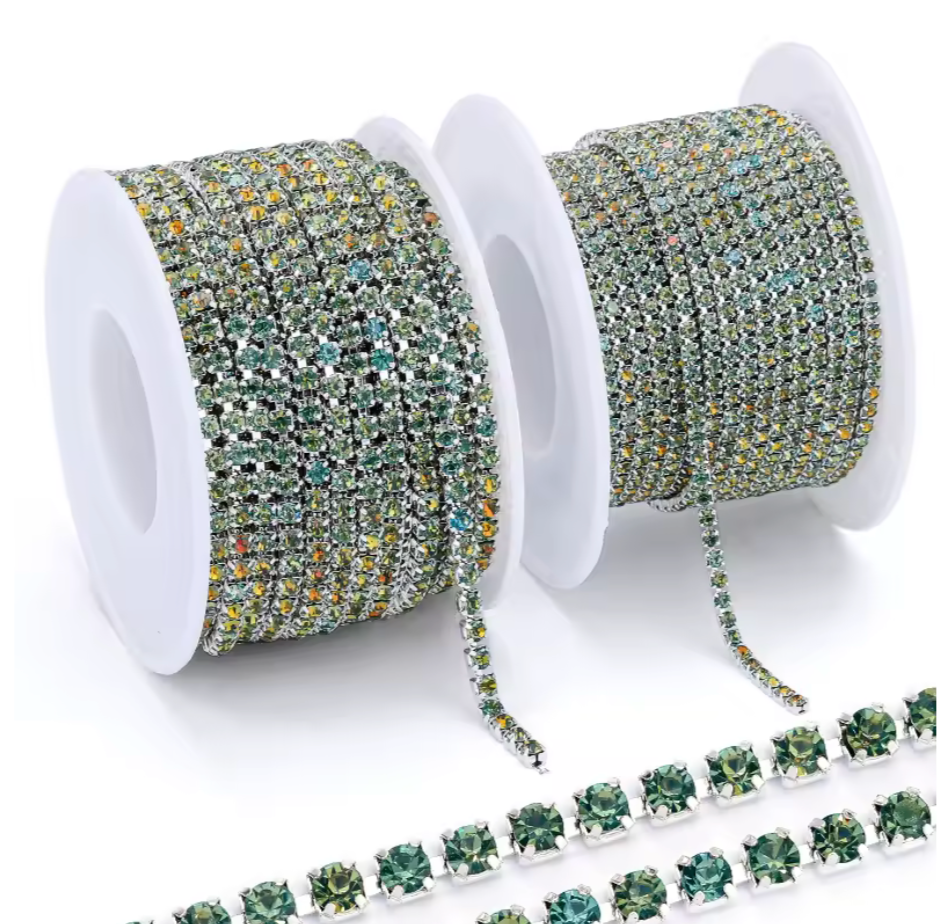 Ss6 Opal Dark Sage Green Stone on Silver Coloured Metal Rhinestone Chain Sundaylace Creations & Bling