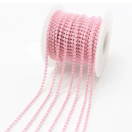 Ss6 Neon LIGHT Pink Acrylic on Silver Rhinestone Metal Rope Chain, Sold in yard Sundaylace Creations & Bling