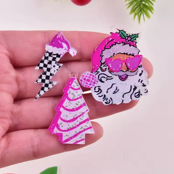 24*37mm Pink Christmas Glitter Tree Striped Acrylic, One Hole, Resin Gem (Sold In Pair) Resin Gems