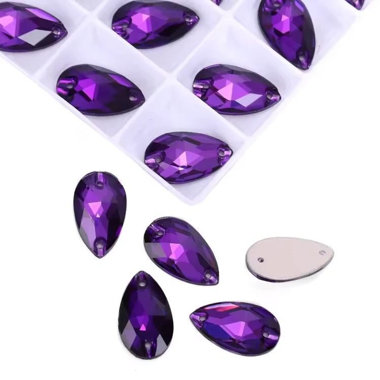 16*25mm Purple Velvet Teardrop, Sew on, Fancy Glass Gem (Sold In Pair) Fancy Glass Gems