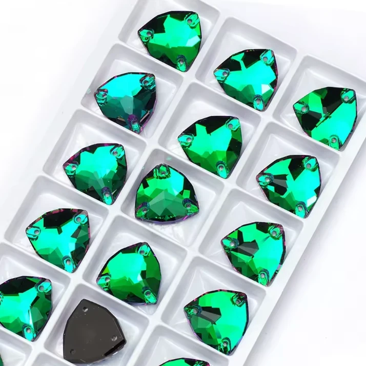 16mm Emerald Green Fat Triangle Trillion, Sew on, Fancy Glass Gem (Sold in Pair) Fancy Glass Gems