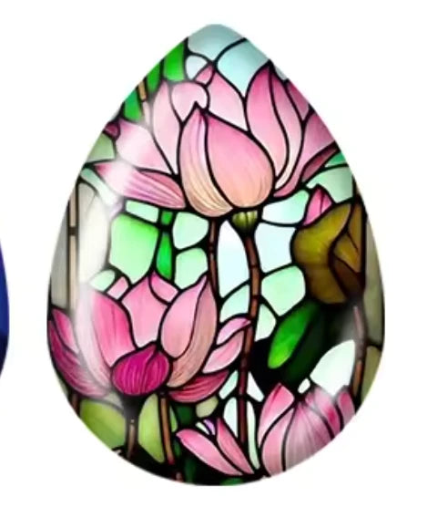 18*25mm Stain glass Pink Lily Teardrop Glue on, Resin Gems (Sold in Pairs) Resin Gems