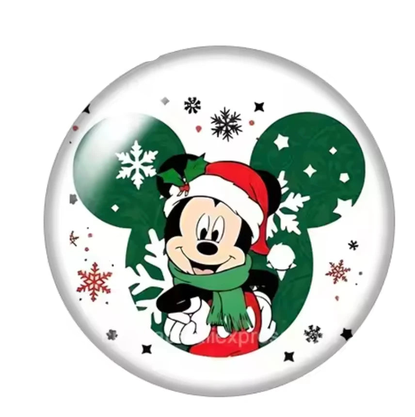 Circular design with a Christmas-themed character surrounded by snowflakes and stars, 