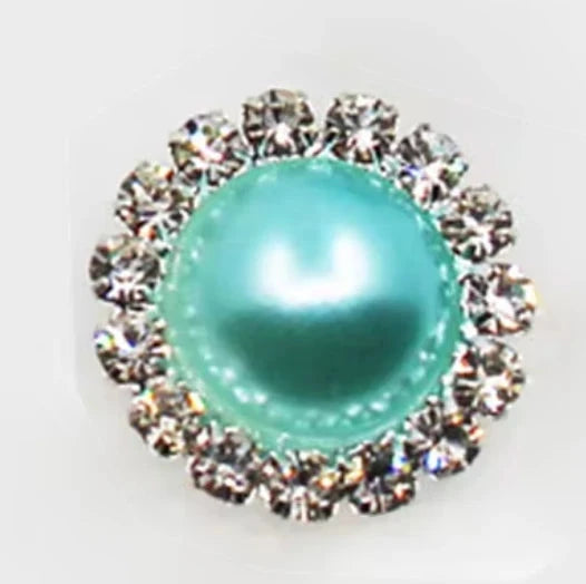 15mm Aqua Pearl Rhinestone Framed Glue On Flat Back Gems (Sold in Pair) Resin Gems