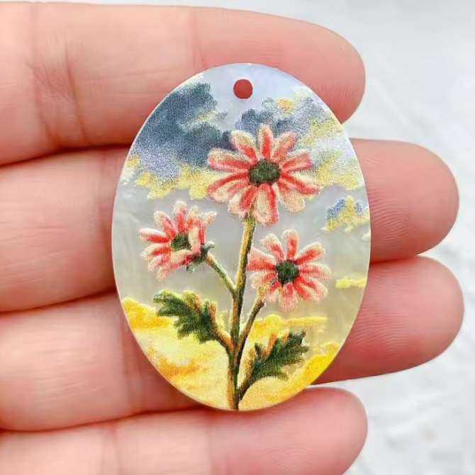 28*38mm Coral Daisy Floral, One Hole Printed Resin Gem (Sold in pair) Resin Gems