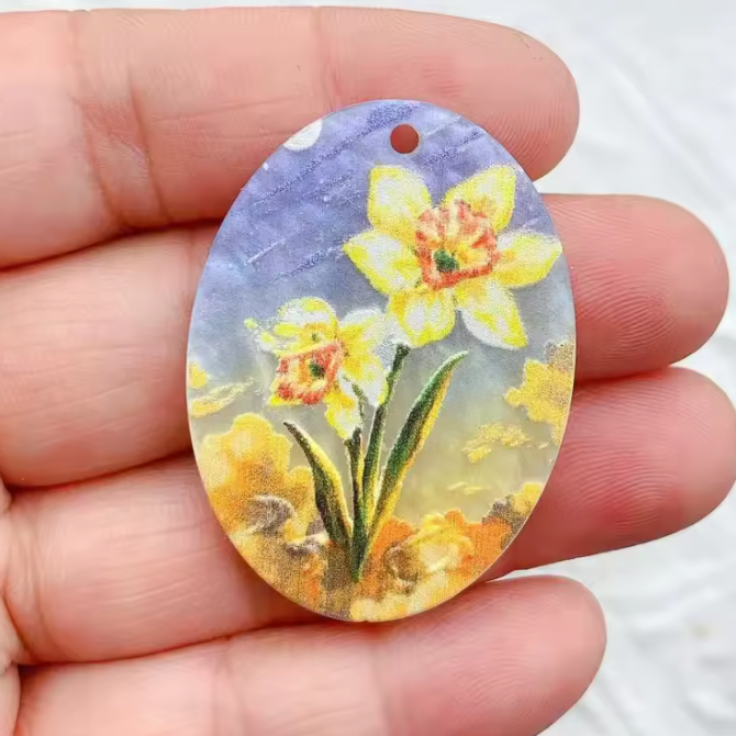 28*38mm Daffodil Yellow Floral, One Hole Printed Resin Gem (Sold in pair) Resin Gems