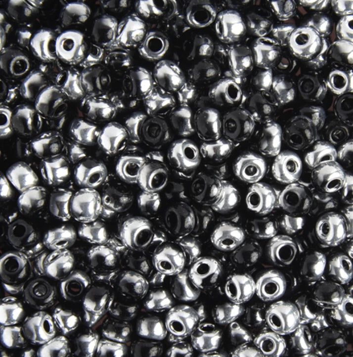 6/0 Pony Seed Beads, Opaque Black Capri Silver Half Coat