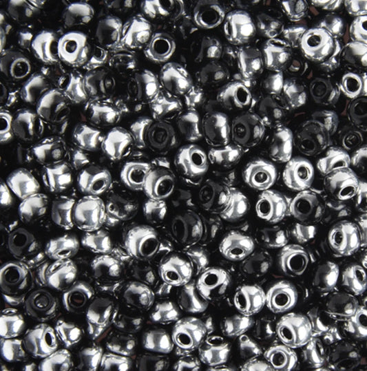 6/0 Pony Seed Beads, Opaque Black Capri Silver Half Coat