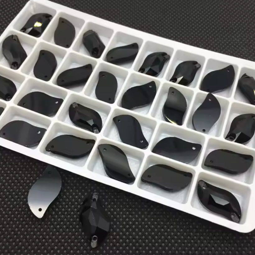 10*20mm Black S or Leaf Shaped, Sew on, Glass Gem (Sold in Pair) Glass Gems