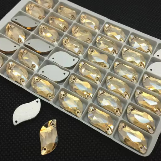 10*20mm Light Smoky Topaz S or Leaf Shaped, Sew on, Glass Gem (Sold in Pair)