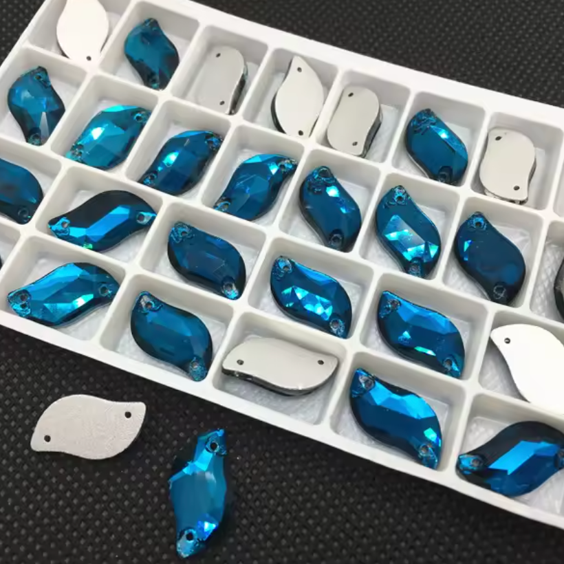 10*20mm Blue Zicron S or Leaf Shaped, Sew on, Glass Gem (Sold in Pair) Glass Gems