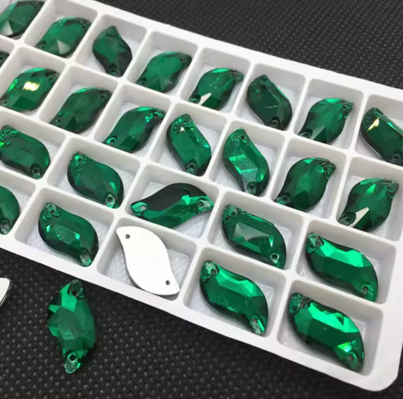 10*20mm Emerald Green S or Leaf Shaped, Sew on, Glass Gem (Sold in Pair) Glass Gems