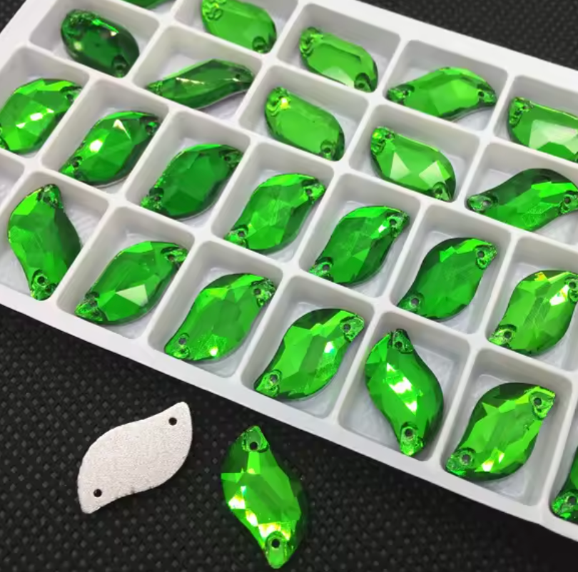 10*20mm Light Green S or Leaf Shaped, Sew on, Glass Gem (Sold in Pair) Glass Gems