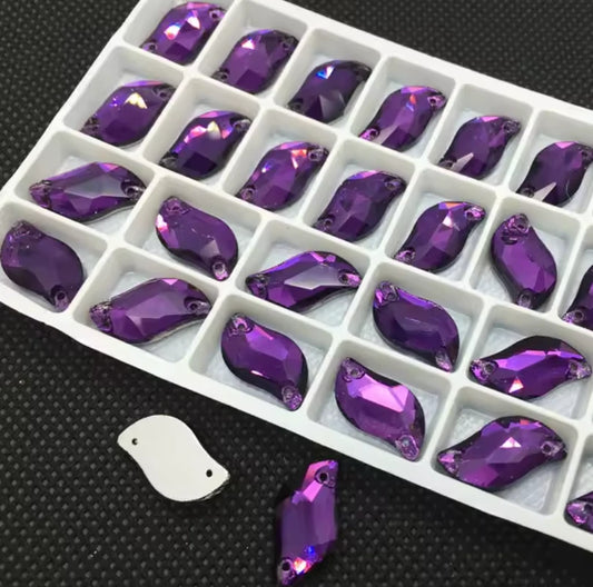 10*20mm Dark Purple S or Leaf Shaped, Sew on, Glass Gem (Sold in Pair)