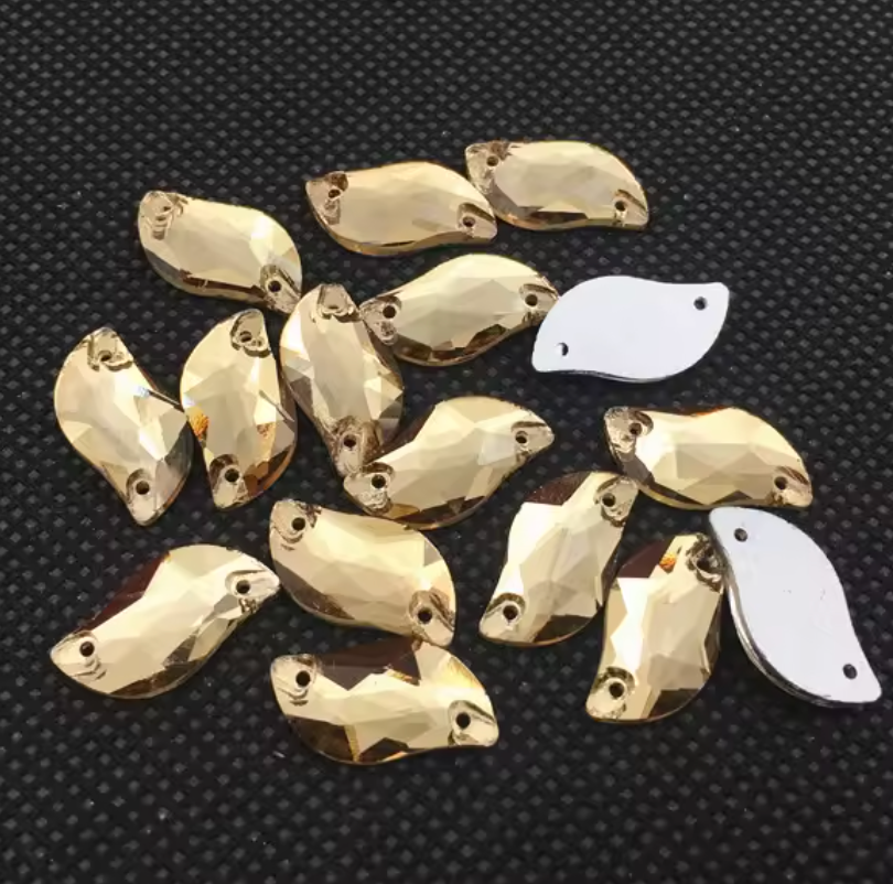10*20mm Champagne Gold S or Leaf Shaped, Sew on, Glass Gem (Sold in Pair) Glass Gems