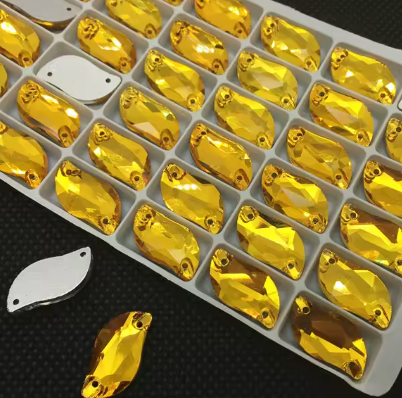 10*20mm Topaz-Gold S or Leaf Shaped, Sew on, Glass Gem (Sold in Pair) Glass Gems