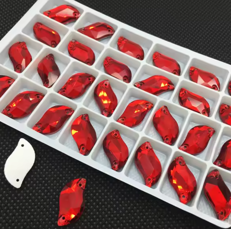 10*20mm Red S or Leaf Shaped, Sew on, Glass Gem (Sold in Pair) Glass Gems