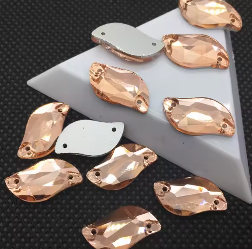 10*20mm Peach S or Leaf Shaped, Sew on, Glass Gem (Sold in Pair) Glass Gems