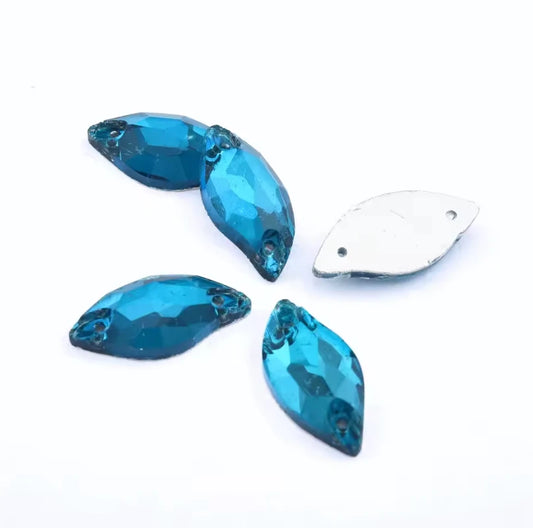10*20mm Dark Capri Blue S or Leaf Shaped, Sew on, Glass Gem (Sold in Pair)