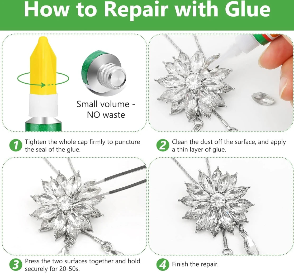 Step-by-step guide on repairing jewelry with glue, including a small bottle of glue and jewelry pieces.