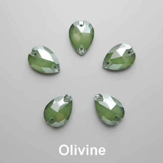 Five green teardrop-shaped crystals on a dark background with 'Olivine' text.