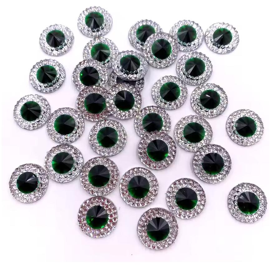 14mm Colourful Round in Silver Frame Rivoli, Sew on, Resin Gem (Sold in Pair) Resin Gems
