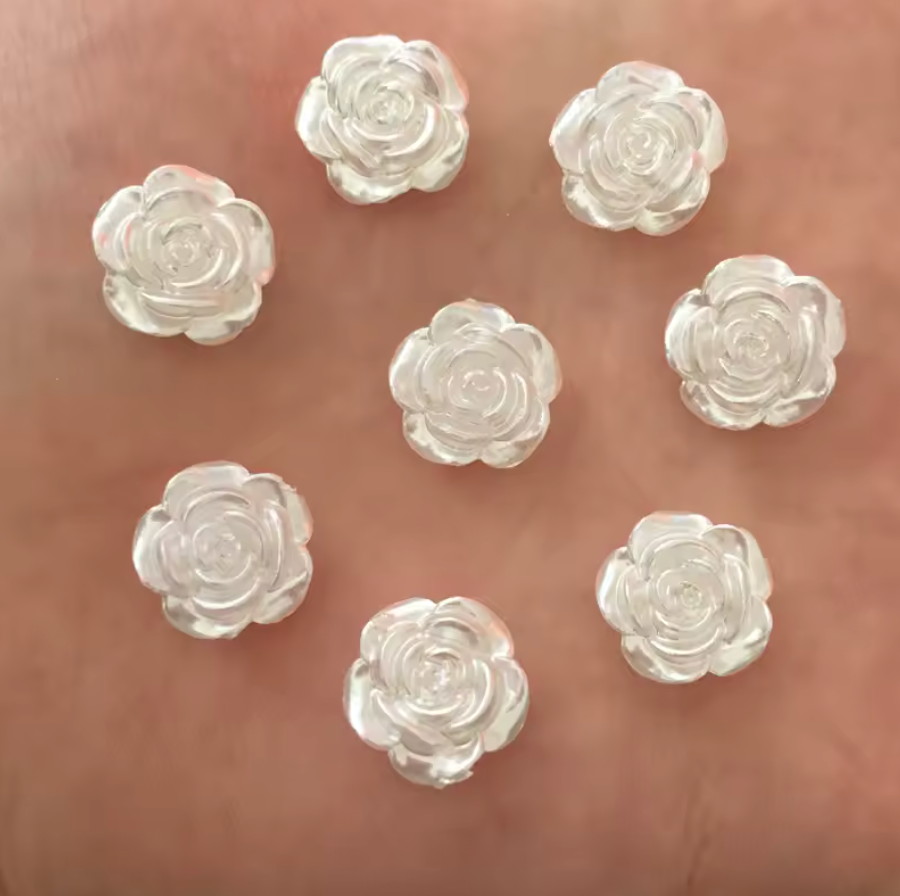 12mm White Rose Pearl Roses Floral Flat Back, Glue on, Resin Gem, (Sold in Pair) Resin Gems