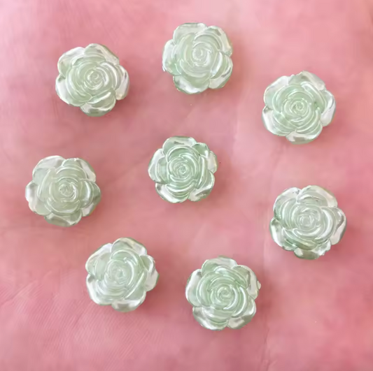12mm Green Rose Pearl Roses Floral Flat Back, Glue on, Resin Gem, (Sold in Pair) Resin Gems