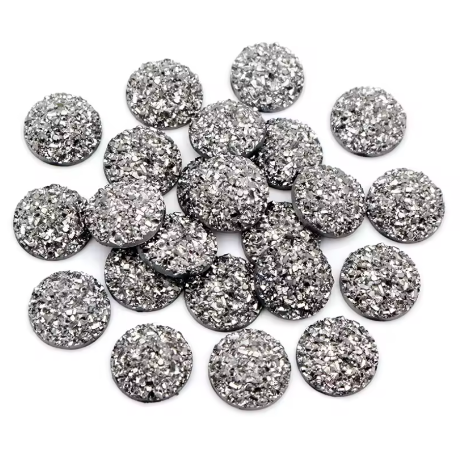 12mm Gunmetal Flat Druzy, Glue on, Resin Gem, (Sold in Pair) Resin Gems
