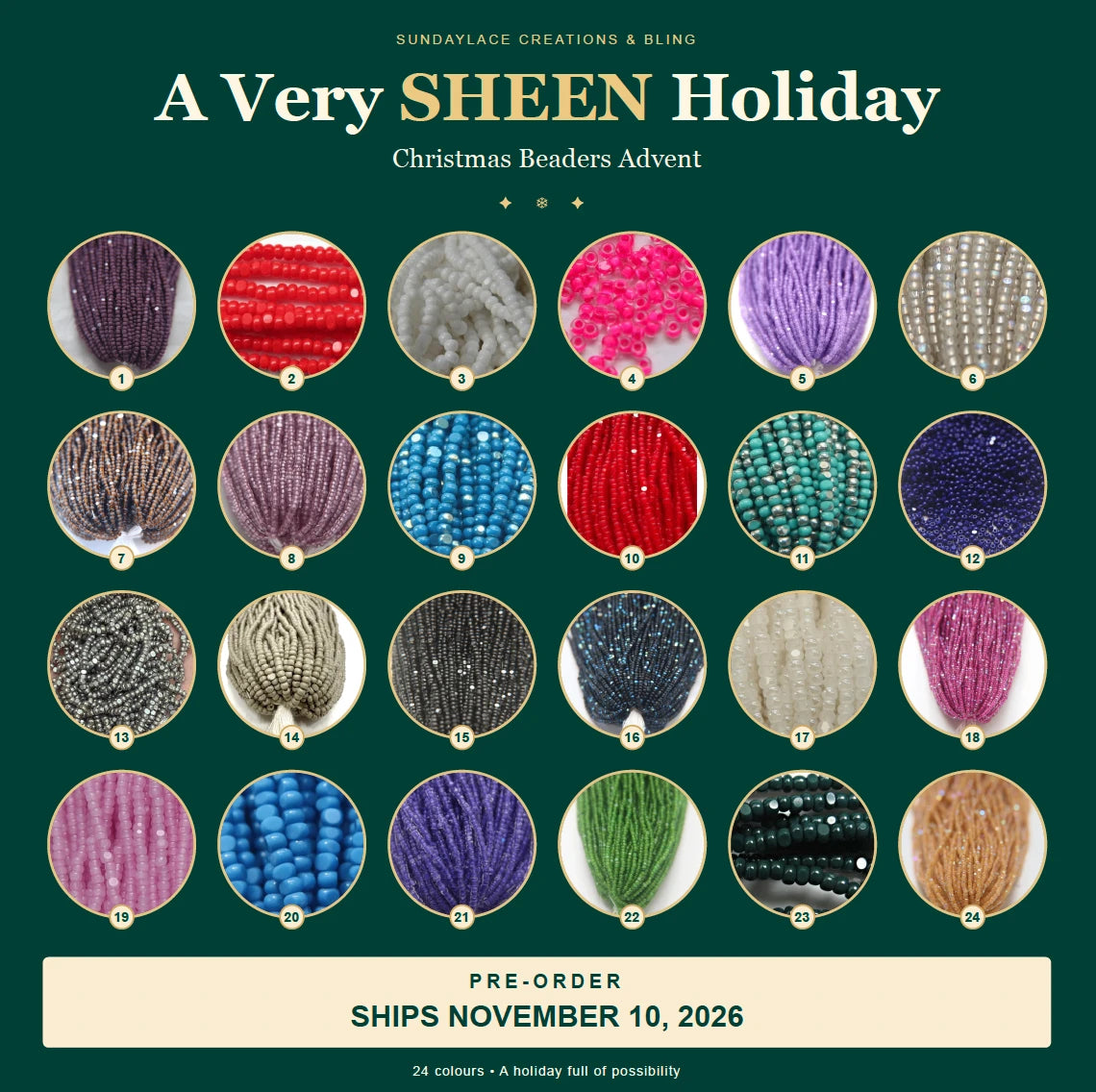"A Very SHEEN Holiday" 24 Charlottes Cut Beads (10g each) Christmas Advent Box 🎁  PROMOTION Promotional Products