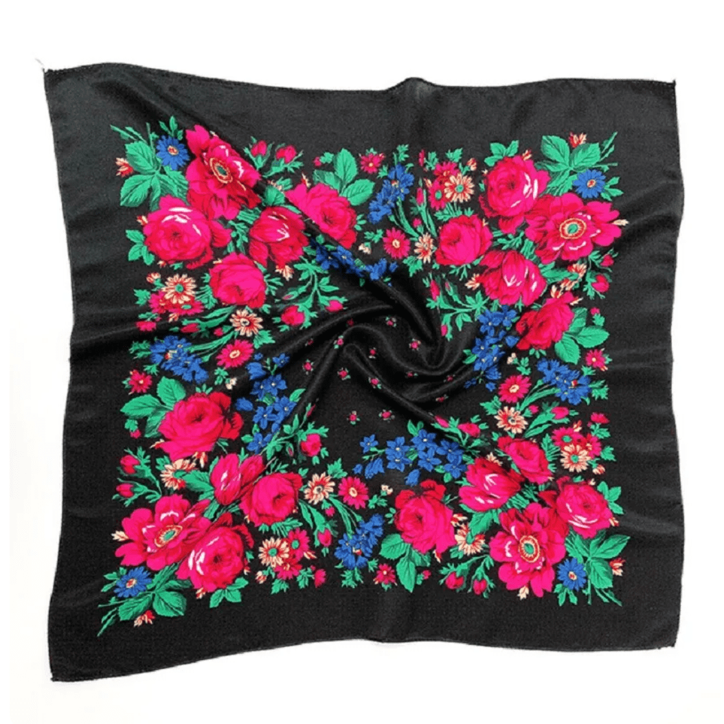 Black Floral "Kokum Scarf" Grandma Cloth Handkerchief/Scarf in Floral Patterns, Promotional Item Promotions