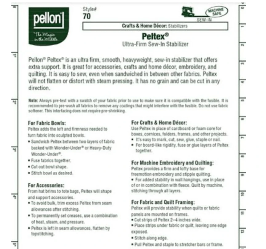 Pellon Peltex 70 Sew-in Ultra Firm Stabilizer (18*20 Inch) White *Beading Foundation Basics Basics