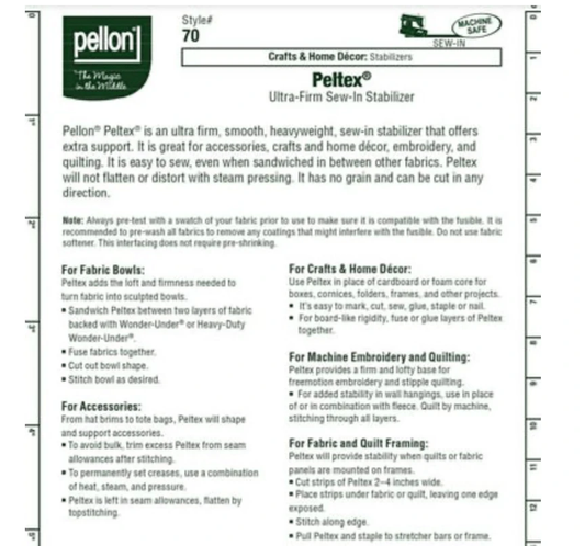 Pellon Peltex 70 Sew-in Ultra Firm Stabilizer (18*20 Inch) White *Beading Foundation Basics Basics