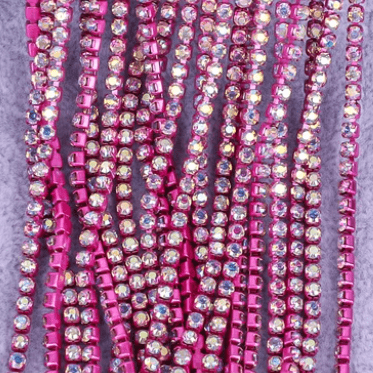 Ss4 AB Stone on Dark Pink Coloured Metal Rhinestone Chain, Dense Chain 33" SS4 Metal Rhinestone Chain