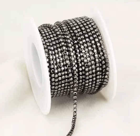 Ss4 Metallic Gunmetal Stone, on Gunmetal Metal Rhinestone Chain, Dense Chain 33" SS4 Metal Rhinestone Chain