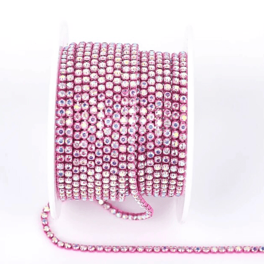 Ss6 AB Stone on Bright Pink Coloured Metal Rhinestone Chain (Sold in 36") SS6 Metal Rhinestone Chain