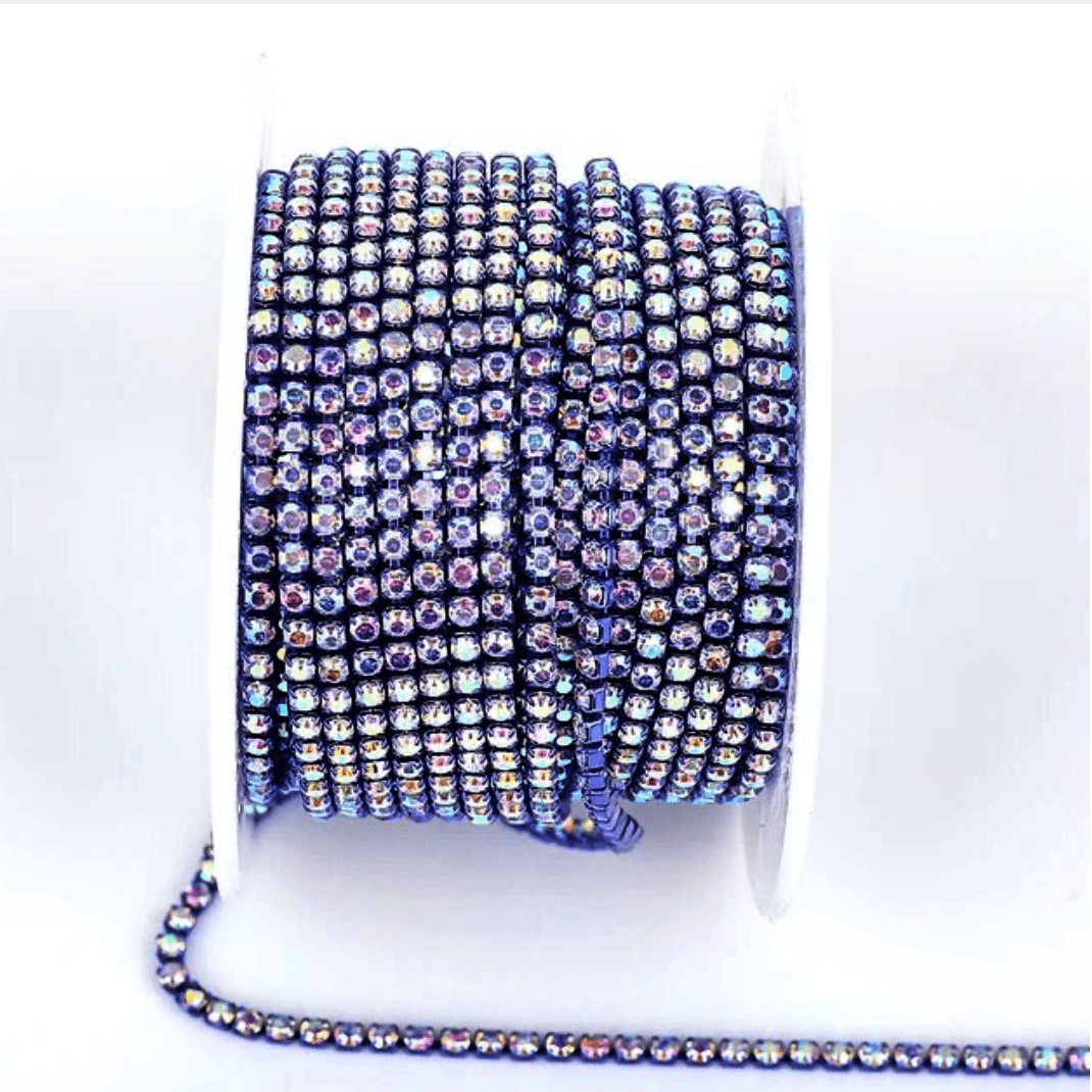 Ss6 AB Stone on Dark Blue Coloured Metal Rhinestone Chain (Sold in 36") SS6 Metal Rhinestone Chain