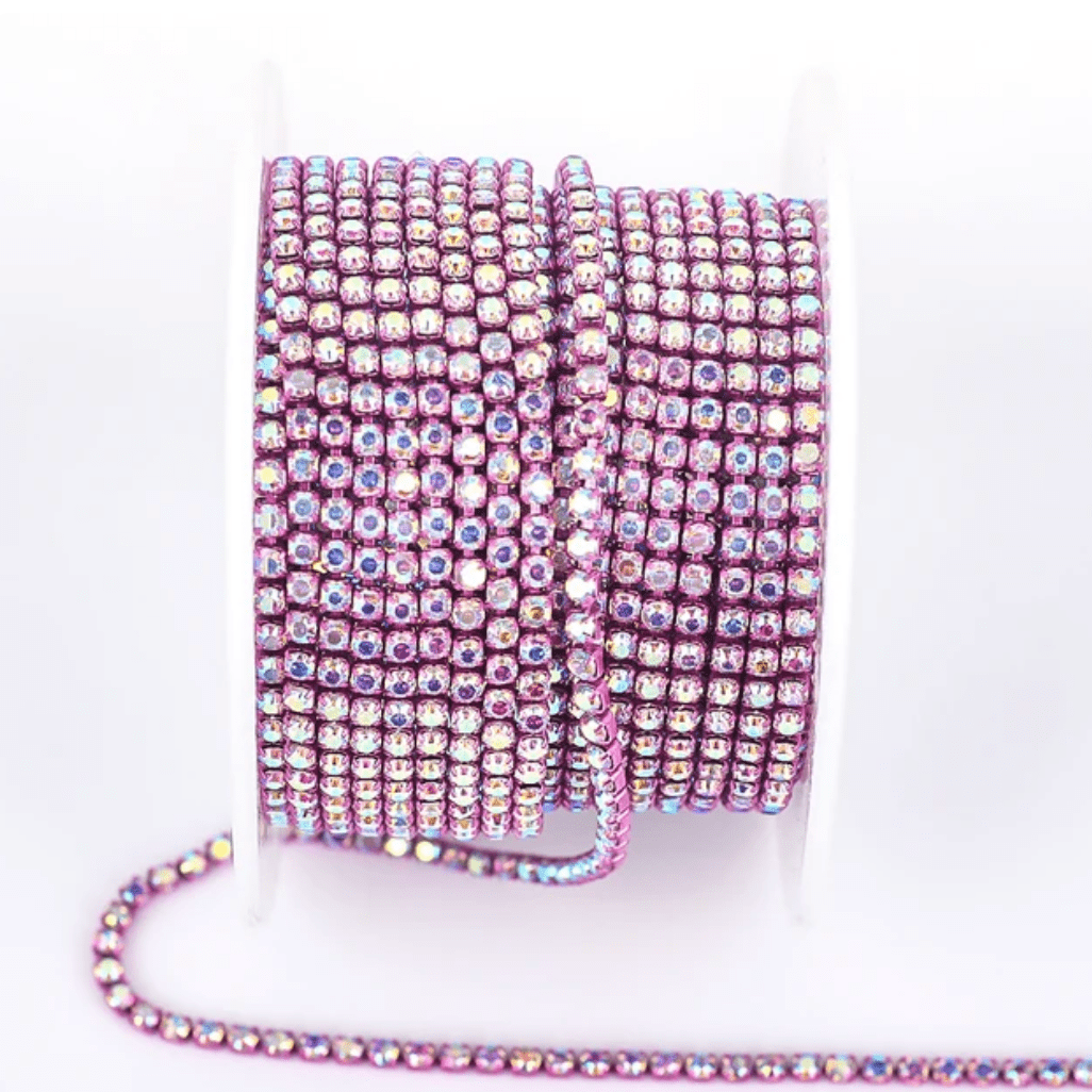 Ss6 AB Stone on Magenta Pink Coloured Metal Rhinestone Chain (Sold in 36") SS6 Metal Rhinestone Chain